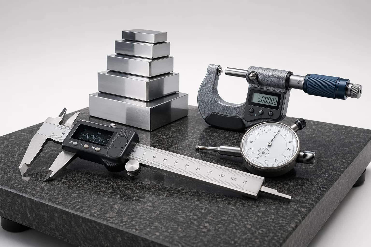 Calipers, micrometer, dial indicator, and gauge blocks on a granite surface