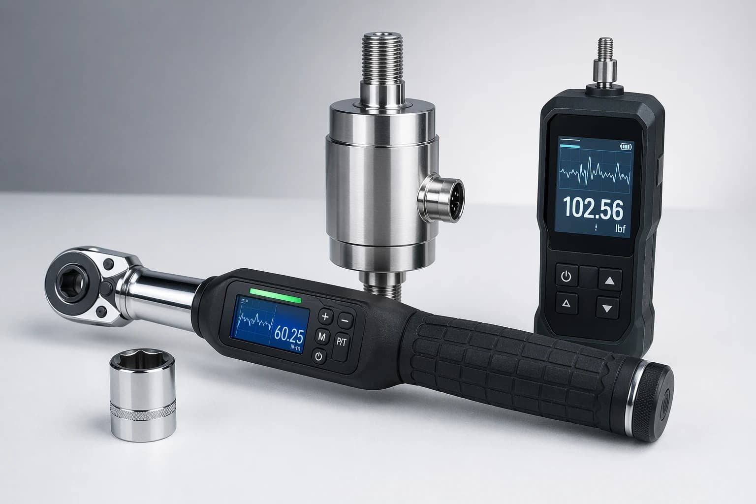 Digital torque wrench, force meter, load cell, and socket tooling