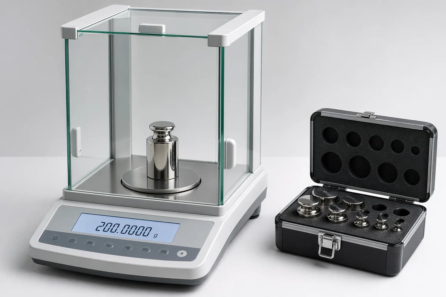 Analytical balance with reference mass set