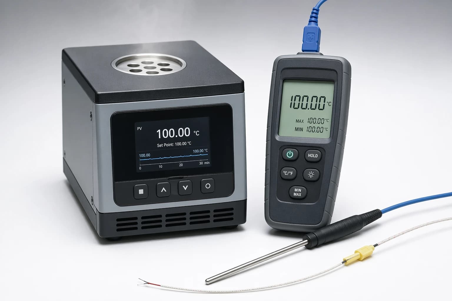 Dry block temperature calibrator, thermometer, and temperature probes