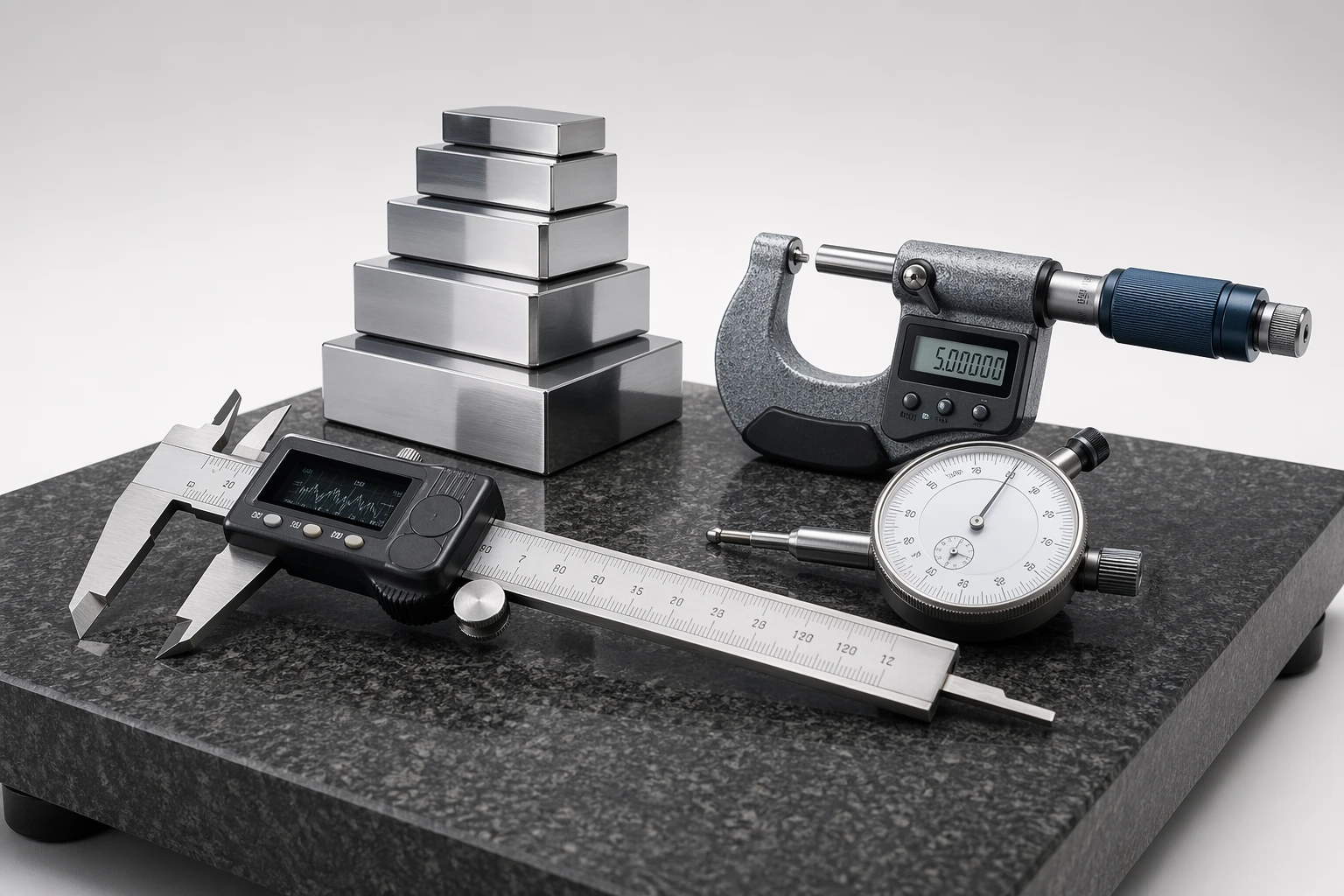 Calipers, micrometer, dial indicator, and gauge blocks on a granite surface