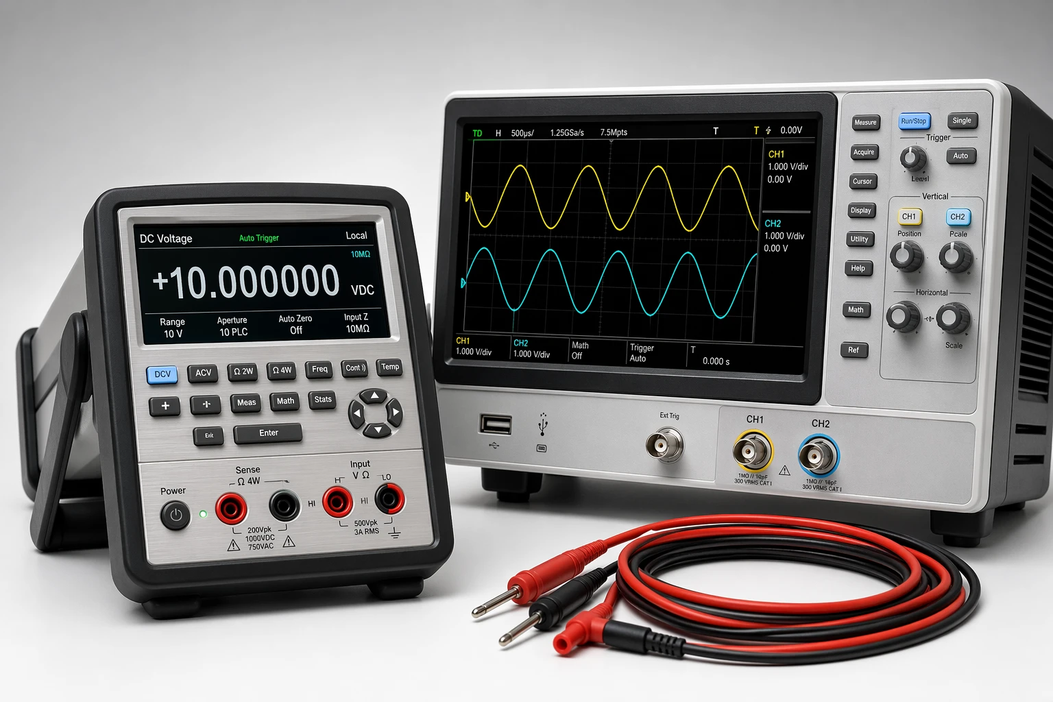 Digital multimeter, oscilloscope, and electrical calibration leads