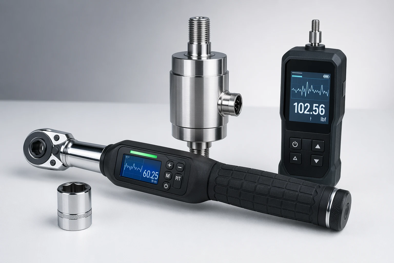 Digital torque wrench, force meter, load cell, and socket tooling