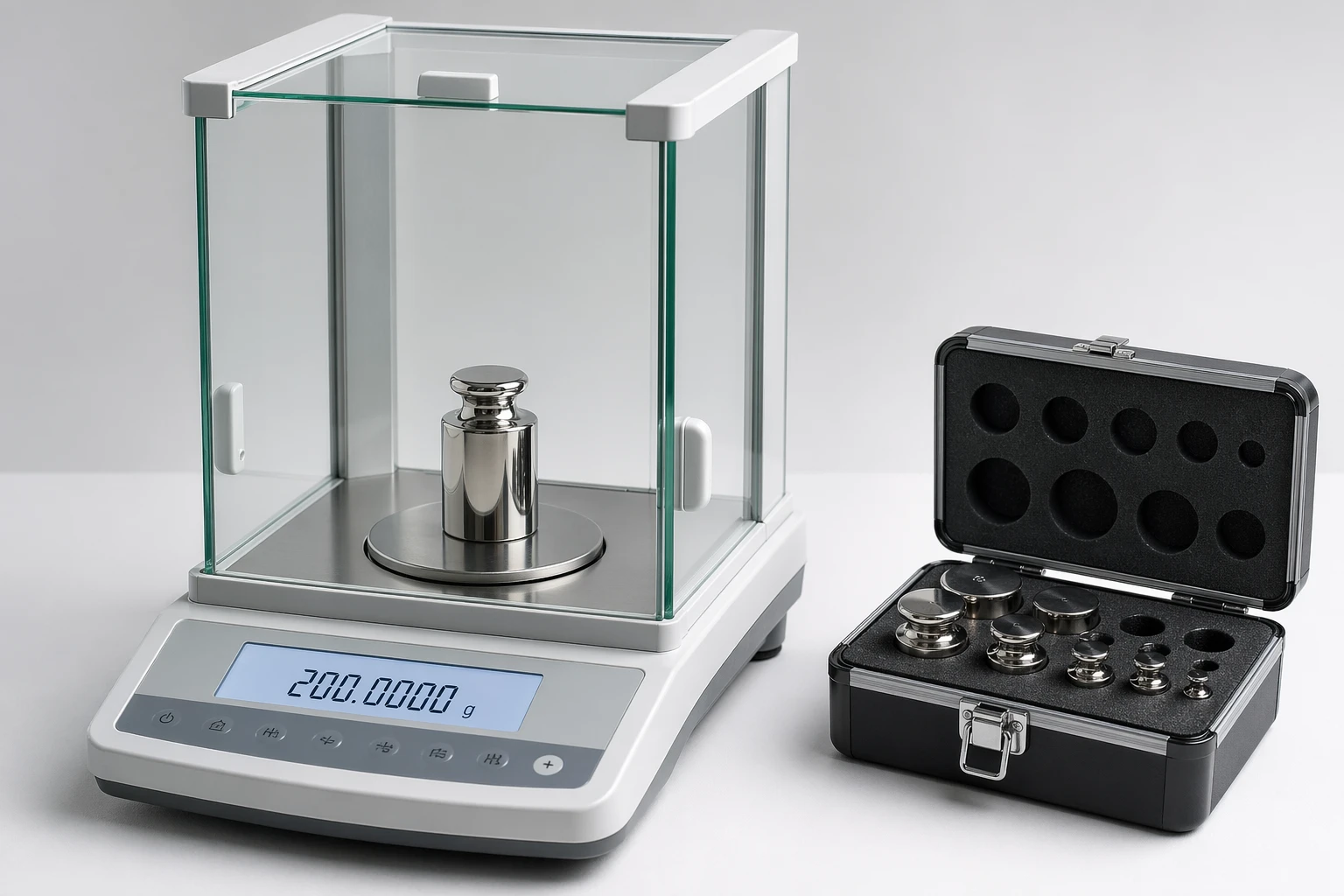 Analytical balance with reference mass set