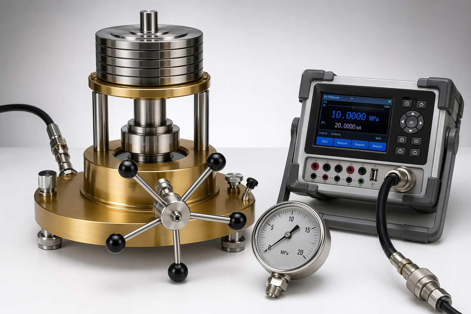 Deadweight pressure tester, digital pressure calibrator, and analog pressure gauge