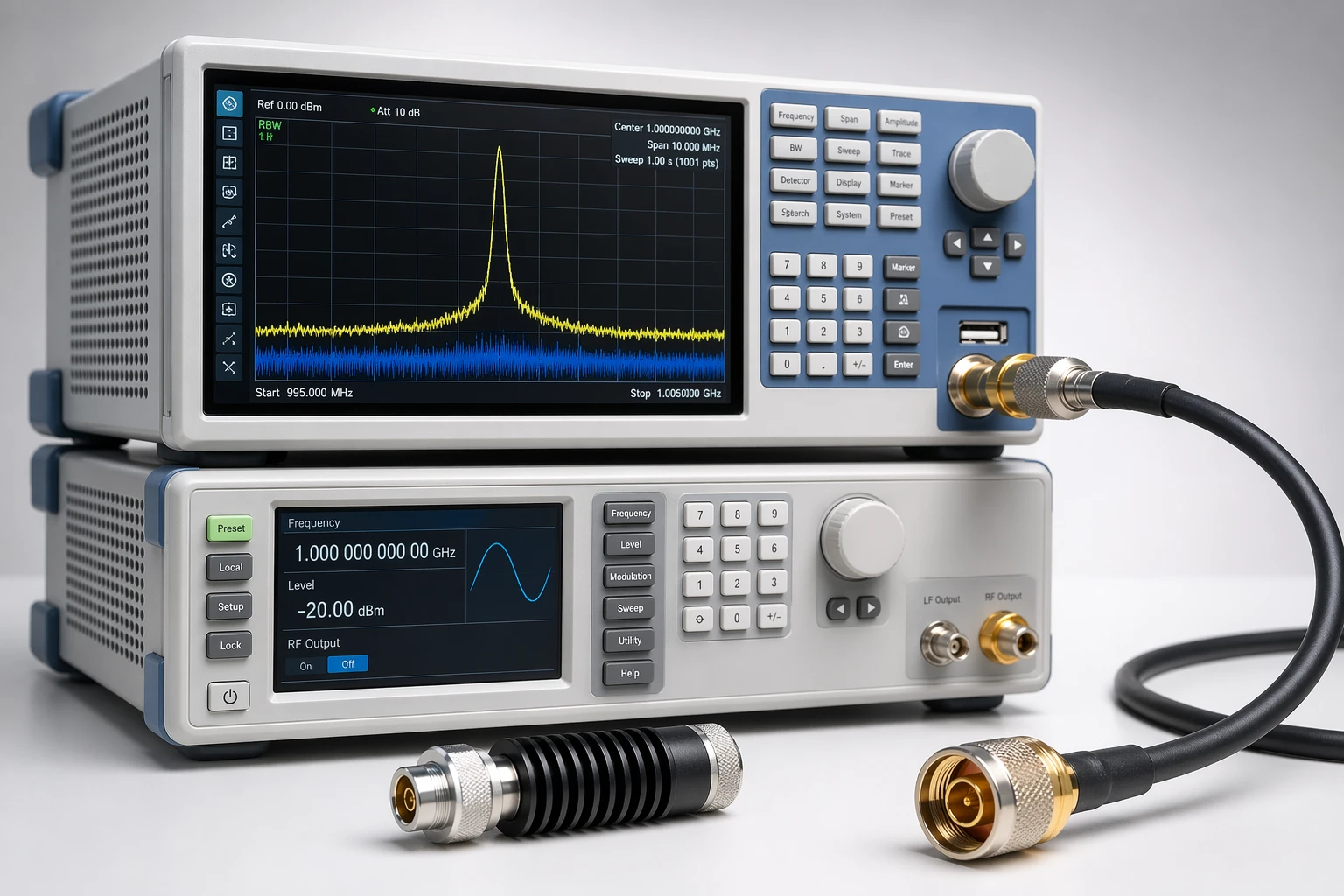 RF spectrum analyzer, signal generator, and coaxial calibration adapters