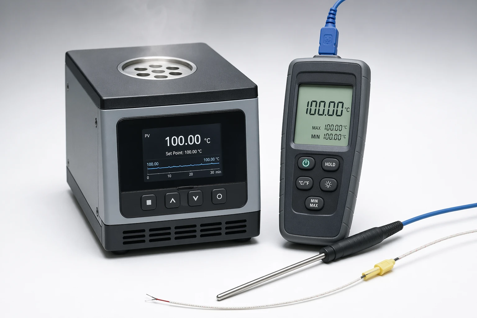 Dry block temperature calibrator, thermometer, and temperature probes
