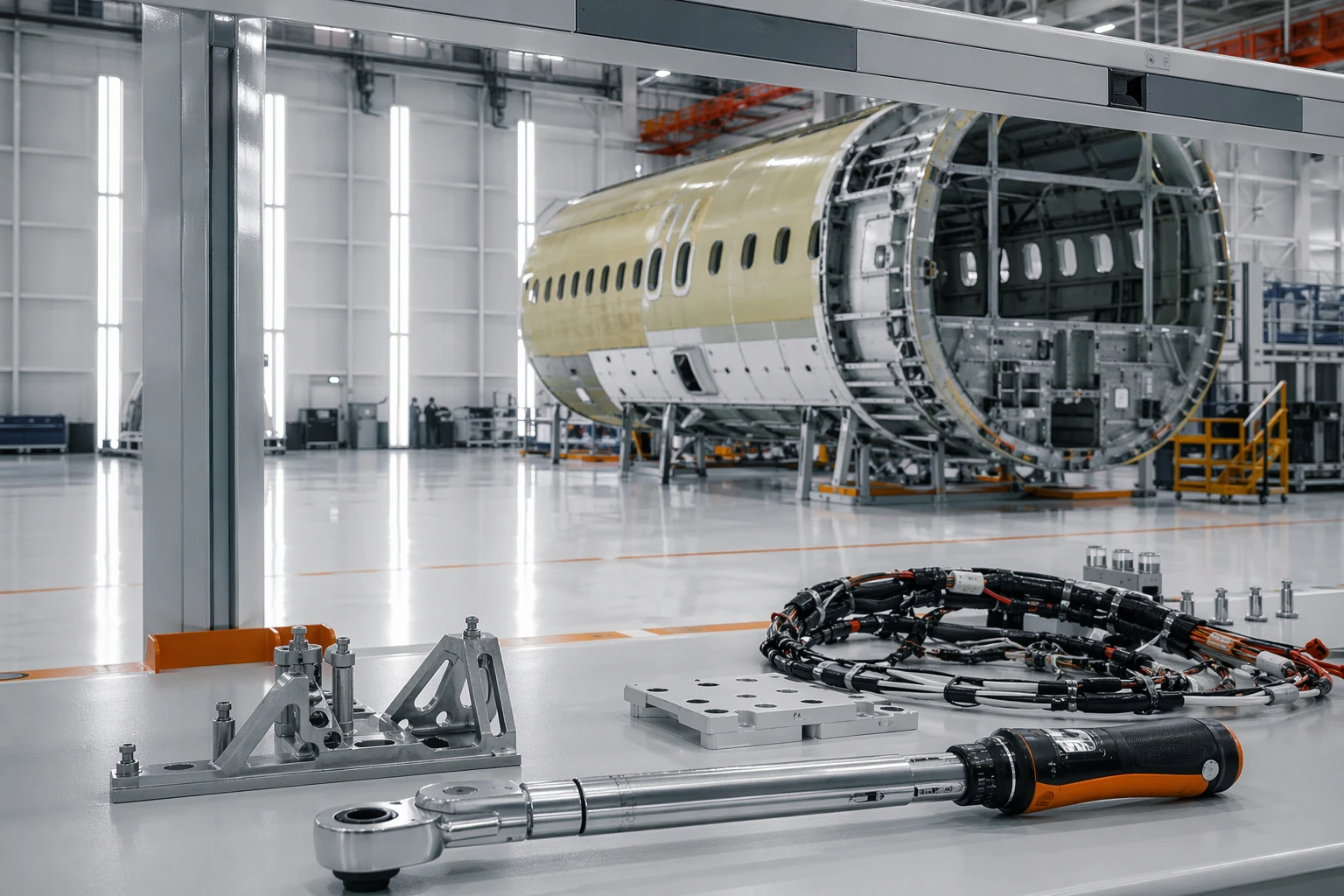 Aerospace manufacturing floor with aircraft fuselage and calibrated tools
